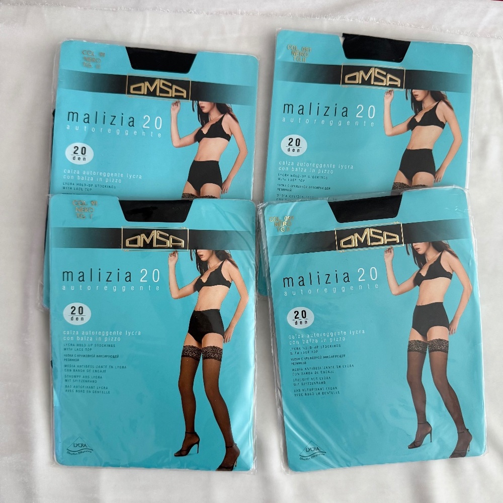 OMSA Malizia 20 Hold-Up Stockings Size 2 Nero 20 Den Lycra Lace Top Set of 4 New